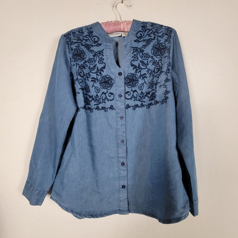 Country Store Womens Denim Blue Embroidered Button-Up Blouse Small Long Sleeve
